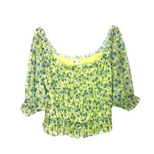 SO Green Floral Mesh Overlay Layered Ruffle Blouse